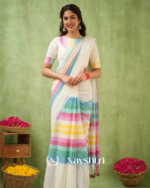 White Mulmul Cotton Saree with Multicolor Pastel Striped Pallu & Matching White Blouse Piece