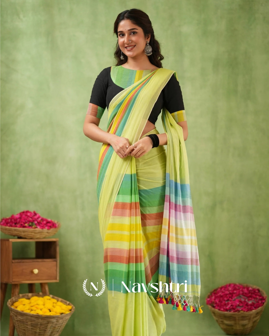 Image00002 Light Green Mulmul Cotton Saree with Multicolor Striped Pallu & Matching Light Green Blouse Piece - Image 1