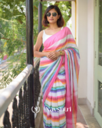 Pink Mulmul Cotton Saree with Multicolor Striped Pallu & Matching Pink Blouse Piece - Image 3