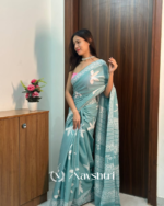 Bottle Green Color 1 Minute Ready To Wear Mulmul Cotton Digital Printed Saree With Pocket - Image 2