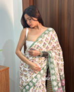 White Color 1 Minute Ready To Wear Mulmul Cotton Digital Printed Saree With Pocket - Image 2