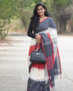 Ragini Mala - Graceful Black-White-Red Linen Saree with Subtle Red Border & Blouse Piece - Image 4