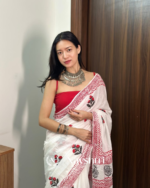 White Color 1 Minute Ready To Wear Mulmul Cotton Digital Printed Saree With Pocket - Image 2
