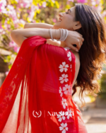 Red Color 1 Minute Ready To Wear Mulmul Cotton Digital Printed Saree With Pocket - Image 2