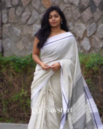 Divya Rekha - White Linen Saree with Lining Stripe & Pallu Lining Design with Blouse Piece - Image 3