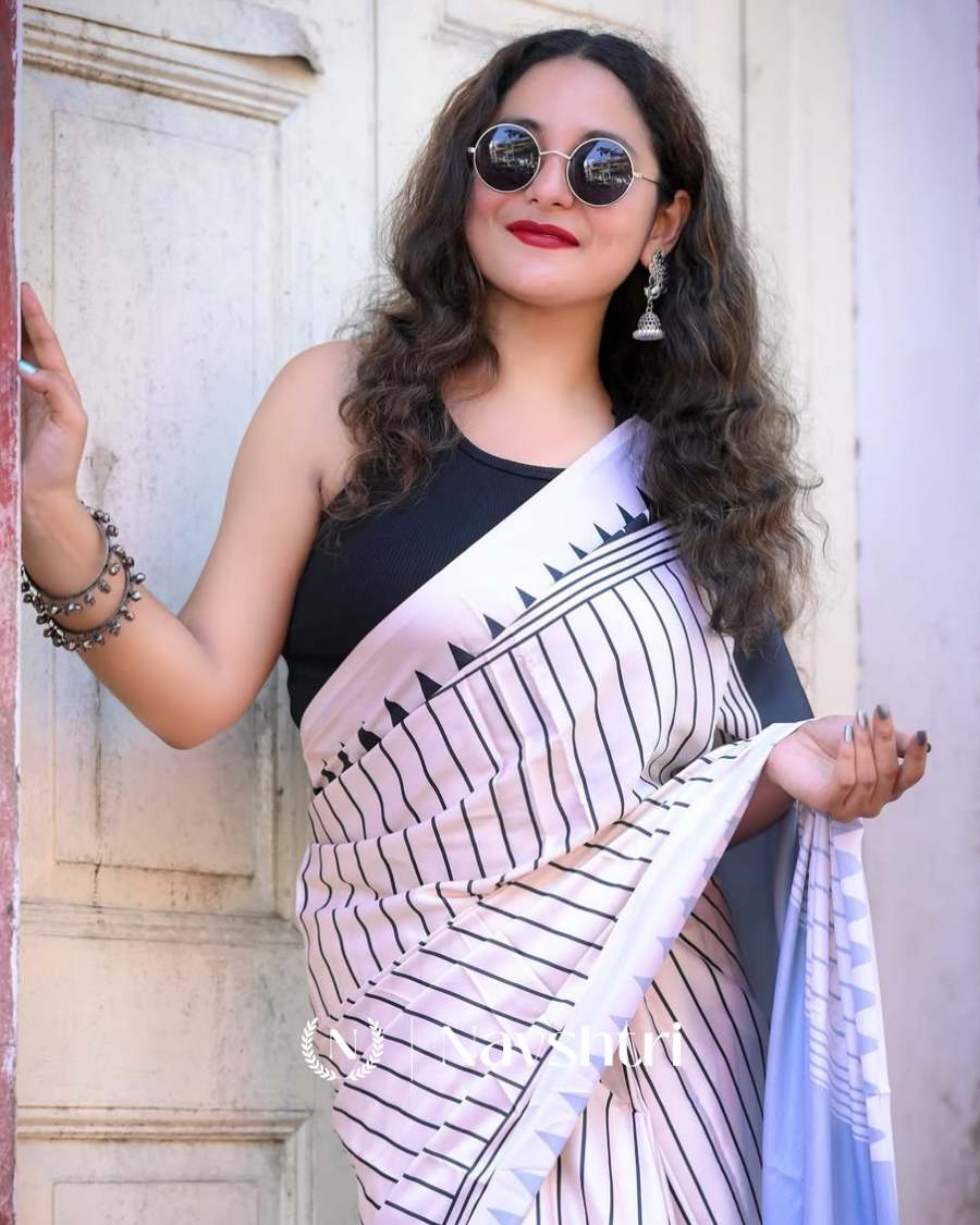 Image00003 Black And White Color 1 Minute Ready to Wear Digitial Printed Crape Silk Saree - Image 1