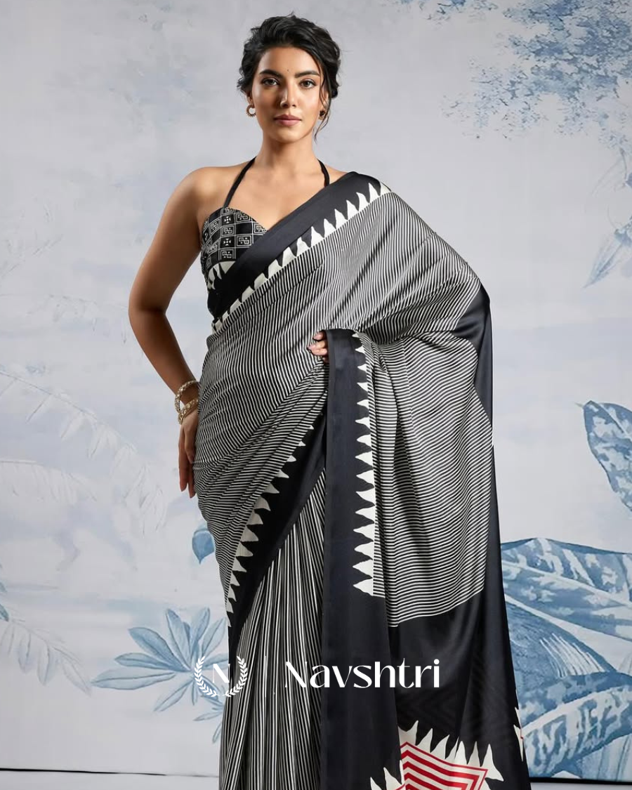 Image00003 Black Color 1 Minute Ready to Wear Digitial Printed Crape Silk Saree - Image 1