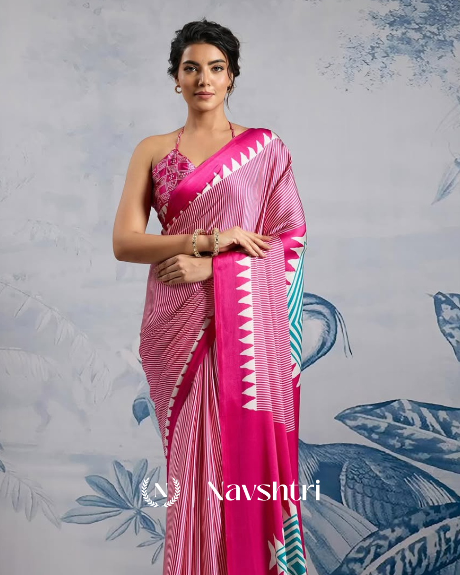 Image00003 Pink Color 1 Minute Ready to Wear Digitial Printed Crape Silk Saree - Image 1