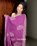 Purple Color 1 Minute Ready To Wear Mulmul Cotton Digital Printed Saree With Pocket - Image 3