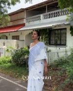 Sundar Mala - Elegant White Saree with Striped Pattern & Tiny Flower Motifs with Blouse Piece - Image 4