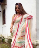 Pratham Jyot - Pure White Linen Saree with Vibrant Multicolor Stripe Border & Blouse Piece - Image 3