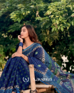 Samudra Jyoti - Graceful Navy Linen Saree with Small Detailing & Border with Blouse Piece - Image 4