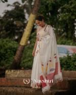 Chitra Mandal - White Linen Saree with Border, Triangle & Half Circle Design with Blouse Piece - Image 3
