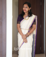 Shubhra Suvarna - Pure White Linen Saree with Purple & Golden Border Line with Blouse Piece - Image 3
