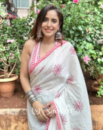 Tara Sindoor - Pure White Saree with Big Flower Print & Red Border with Blouse Piece - Image 3