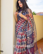 Neel Aruna - Navy Blue & Rust Linen Saree with All Over Design & Blouse Piece - Image 3