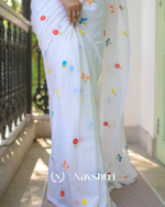White Soft Mulmul Cotton Saree with Colorful Floral Embroidery, with Blouse Piece - Image 3