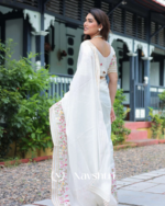 White Soft Mulmul Cotton Saree with Beautiful Multicolor Thread Embroidery, with Blouse Piece - Image 3