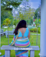 Swarna Rekha - Sunshine Stripes Yellow-Blue-Green-White Linen Saree with Blouse Piece - Image 4