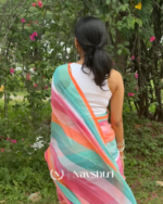 Neelanjali Sutra - Twilight Stripes Bottle Blue-Pink-Saffron Linen Saree with Blouse Piece - Image 3