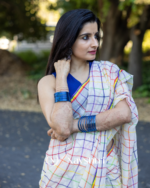 Shashi Lehar - Moonlight Checks White Linen Saree with Square Patterns & Border with Blouse Piece - Image 4