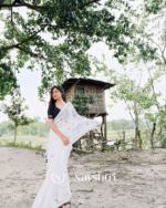 Sitara Veen - Elegant White Saree with Tiny Black Motifs & Blouse Piece - Image 4