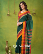Green Mulmul Cotton Saree with Mustard & Maroon Contrast Borders (With Blouse) - Image 3