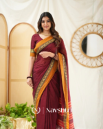 Maroon Mulmul Cotton Saree with Mustard Border & Woven Detailing, with Blouse Piece