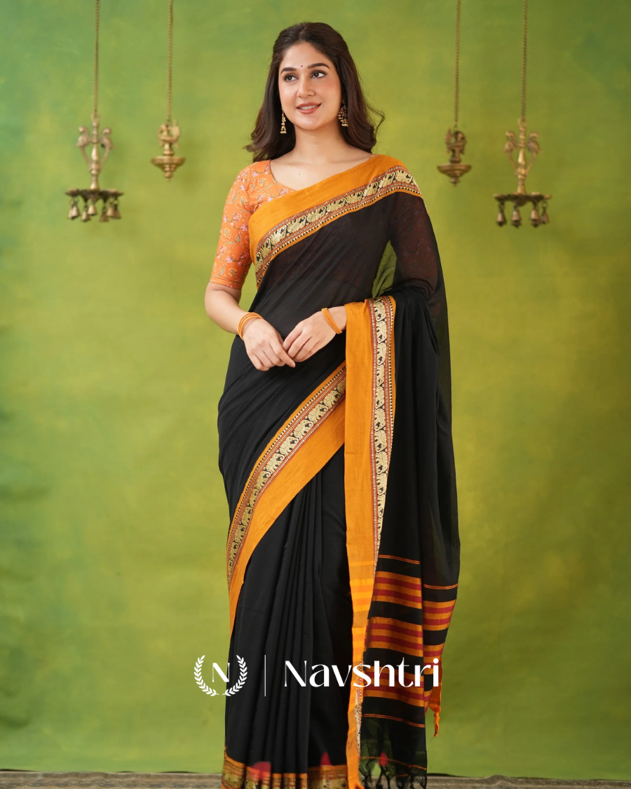 Image00003 Black Mulmul Cotton Saree with Mustard Border & Elephant Weave, with Blouse Piece - Image 1