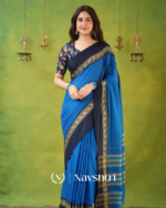 Royal Blue Mulmul Cotton Saree with Navy Border & Elephant Weave, with Blouse Piece - Image 4