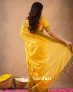 Yellow Tissue Cotton Saree with Olive Border & Pink Piping, With Blouse Piece - Image 5