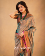 Teal Grey Tissue Cotton Saree with Copper Border & Pink Piping, With Blouse Piece - Image 6