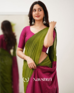 Green Mulmul Cotton Saree with Contrast Wine Blouse Piece - Image 3