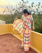 Shweta Rangoli - White Linen Saree with Rainbow Stripe & Blouse Piece - Image 4