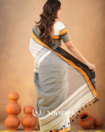 Classic White Traditional Mulmul  Cotton Saree with Contrast Border & Blouse Piece - Image 3