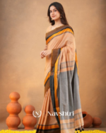 Peach Soft Mulmul Cotton Saree with Contrast Border Design with Blouse Piece - Image 3