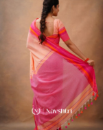 Peach Pink Mulmul Cotton Saree with Vibrant Contrast Border & Blouse Piece - Image 3