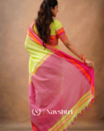 Lime Green Mulmul Cotton Saree with Pink & Orange Contrast Border & Blouse Piece - Image 3