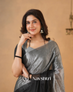 Black & Silver Tissue Cotton Saree with Blouse Piece - Image 3