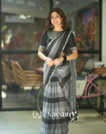 Black & Grey Striped MulMul Cotton Saree with Blouse Piece - Image 3