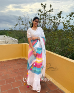Megh Dhanush - White Linen Saree with Rainbow Stripes & Blouse Piece