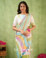 Pastel Multicolor Striped Mulmul Cotton Saree Saree with Blouse Piece - Image 3