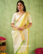 White & Light Yellow Mulmul Cotton Saree with Golden Woven Border & Matching White Blouse Piece - Image 3