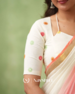 White & Peach Mulmul Cotton Saree with Golden Woven Border & Matching White Blouse Piece - Image 3