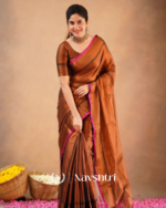 Brown Tissue Cotton Saree with Black Thread Detailing with Matching Blouse Piece - Image 3