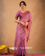 Lavender Tissue Cotton Saree with Copper Border & Blouse Piece - Image 4