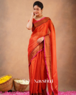 Rust Orange Tissue Cotton Saree with Copper Border & Blouse Piece - Image 3