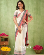 Ivory Mulmul Cotton Saree with Pink & Black Striped Pallu & Matching Ivory Blouse Piece - Image 3