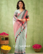 Grey Mulmul Cotton Saree with Pink & Black Striped Pallu & Matching Grey Blouse Piece - Image 4