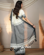 White MulMulmul Cotton Saree with Grey Border Motif & Matching Off-White Blouse Piece - Image 4